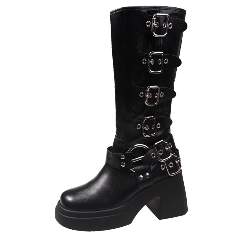 Ботинки на платформе Combat Boots Zip Chuny Heel Buckle Vintage Fashion Casual Luxury Designer Western Mid Calf Boots Shoes Woman