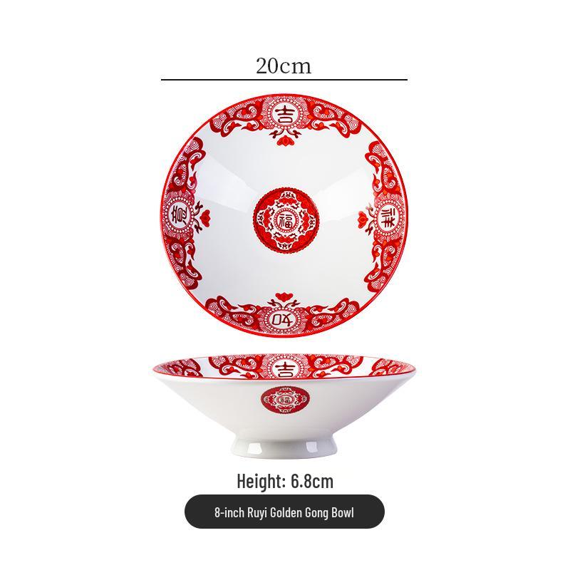 Retro Ceramic Soup & Noodle Bowl Set: Stir-fried Pork Bowl, Good Luck Stir-fry Plate, Snack Plate, Kitchen Utensils