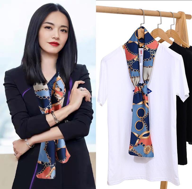 Шарф из искусственного шелка, сезонный маленький шарф, повязка на голову, длинный шарф, универсальный женский шарф с завязками