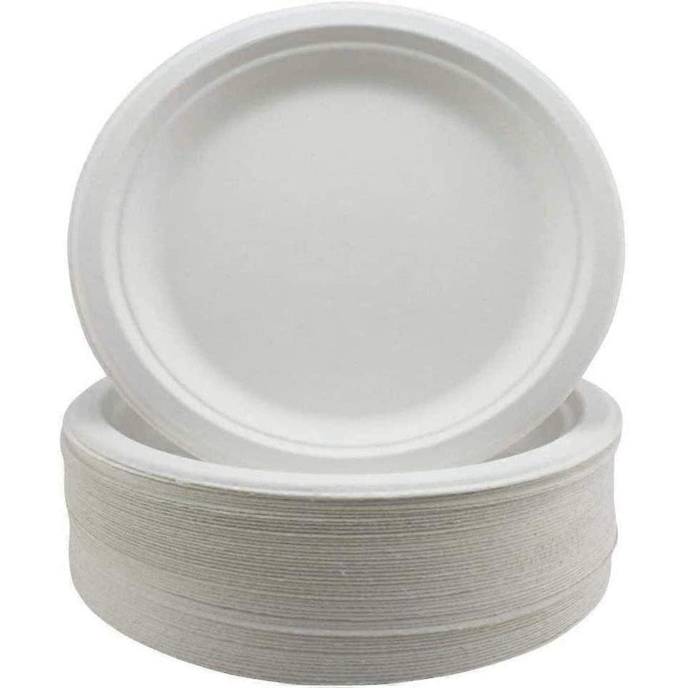 50 Pack Super Rigid Paper Plates,White Disposable Bagasse Sugarcane Plates, for Picnics, BBQ and Parties