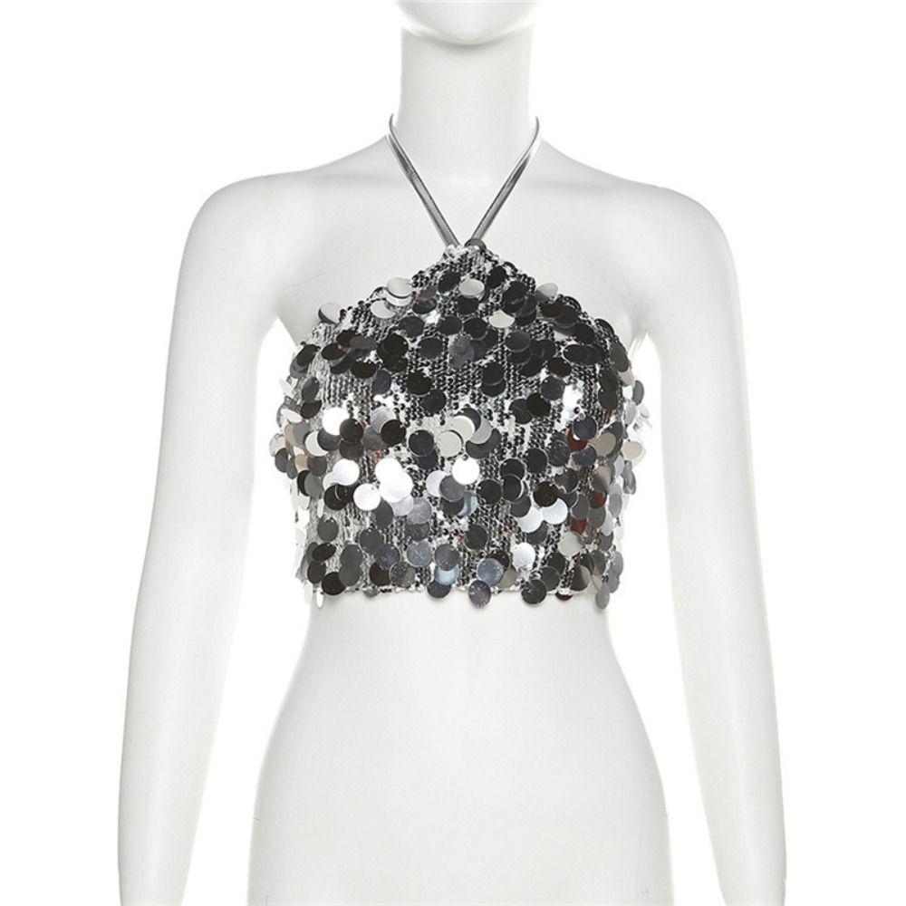 Beachwear Silver Sequin Camisole Short Women's Lace-Up Vest Design Glitter Tank Top  Vacation