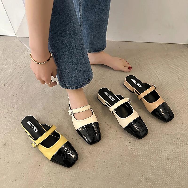 2024 Square Heel Cover Toe Slippers Casual Shoes Woman 2024 Lady Low Slipers Women Block Soft Luxury Girl Flat Pointed Summer New