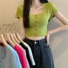 Summer New Sweet and Spicy Square Collar Single Breasted Belly Button Short Short Sleeve Knitwear with T-shirt Top Women