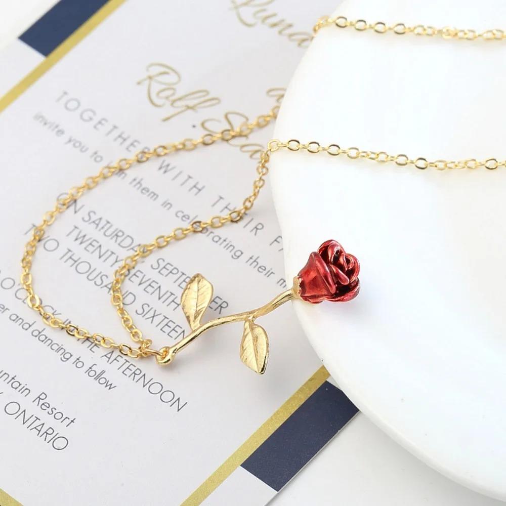 European and American Fashion Personality Temperament Red Rose Pendant Necklace Women's Simple and Creative Oil Drop Necklace