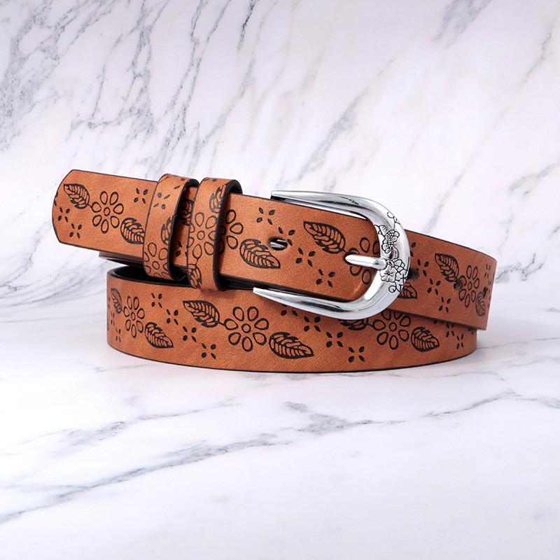 Leather Boho Inspired Belt With Embossed Design And Silver Buckle Womens For