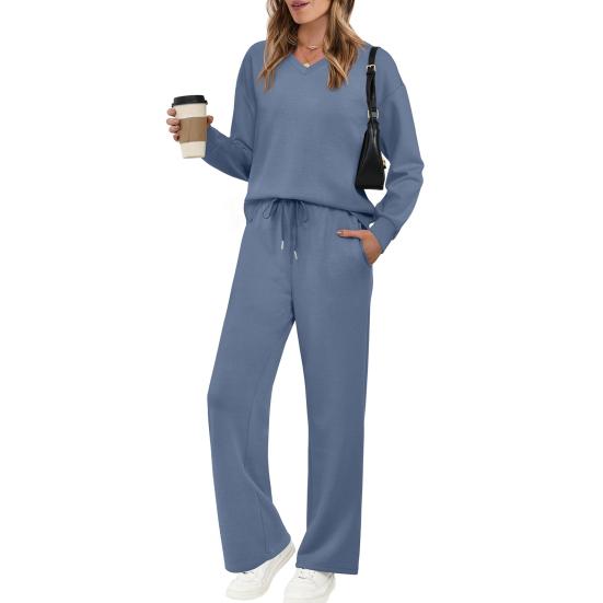 Two Piece Outfits for Women Casual Fall Lounge Sweatsuits Long Sleeve V-Neck Top Wide