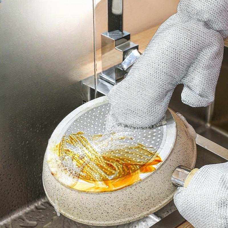 Extended Silver Wire Dishwashing Gloves, Kitchen Pot and Dish Washing Gloves, Oil-free Household Cleaning Steel Wire Gloves