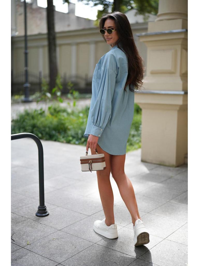 Новая женская мода: Простая однотонная рубашка из выстиранного денима средней длины с длинными рукавами