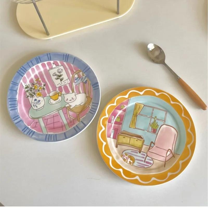 Милая и игривая мультяшная керамическая тарелка корейская высокая эстетика бытовая посуда десертная тарелка салатная тарелка для завтрака керамическая плоская