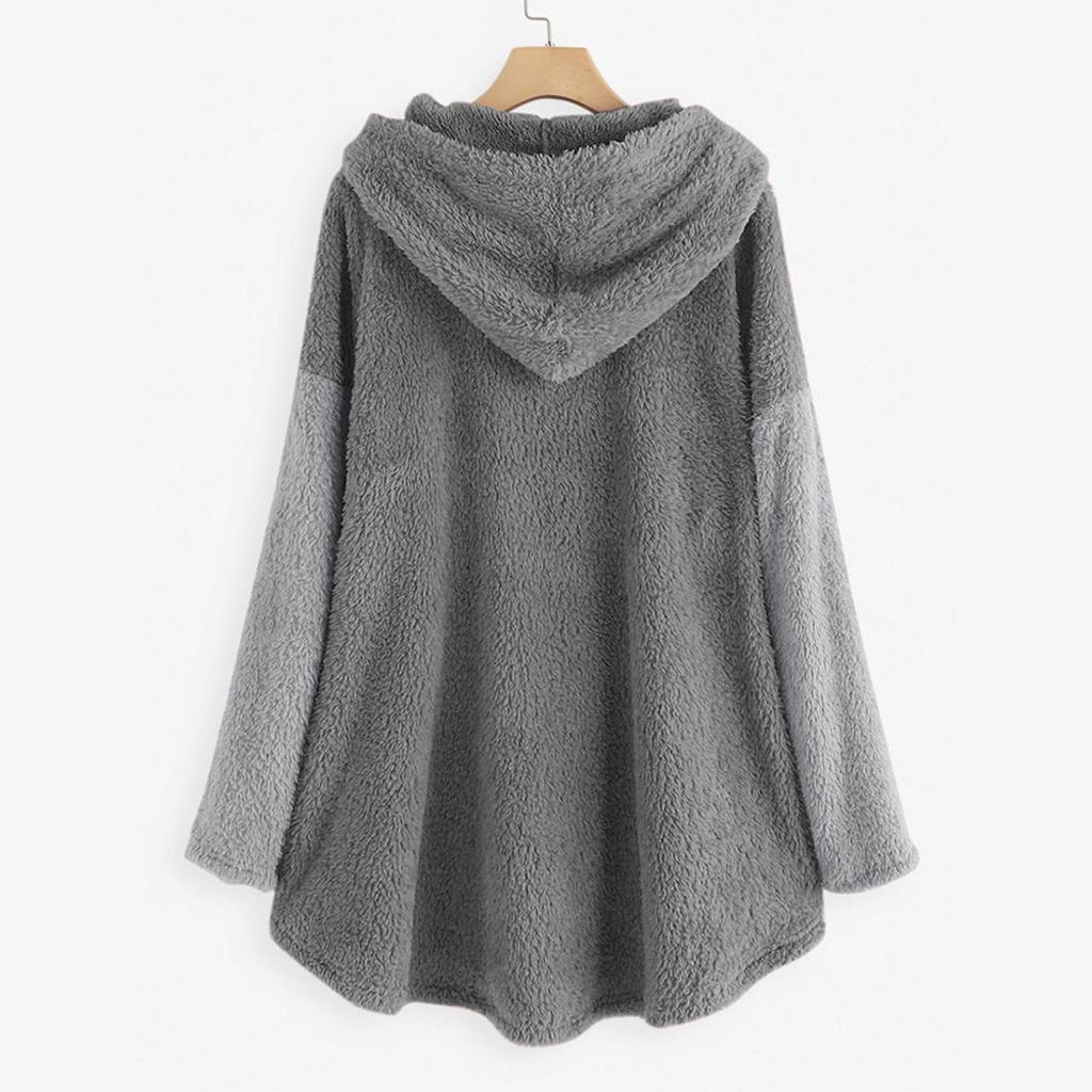 Women Fleece Asymmetrical Button Hem Plus Size Hoodie Top Sweater Blouse