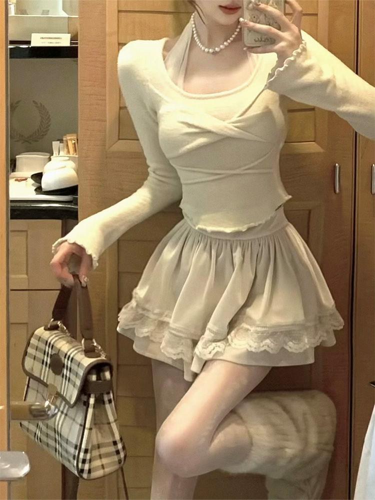 Janpanese Kawaii Sweet комплект из 2 предметов, женский вязаный топ с вырезом крестом, мини-юбка для торта, женский корейский модный дизайн, повседневный костюм, новинка 2024 года