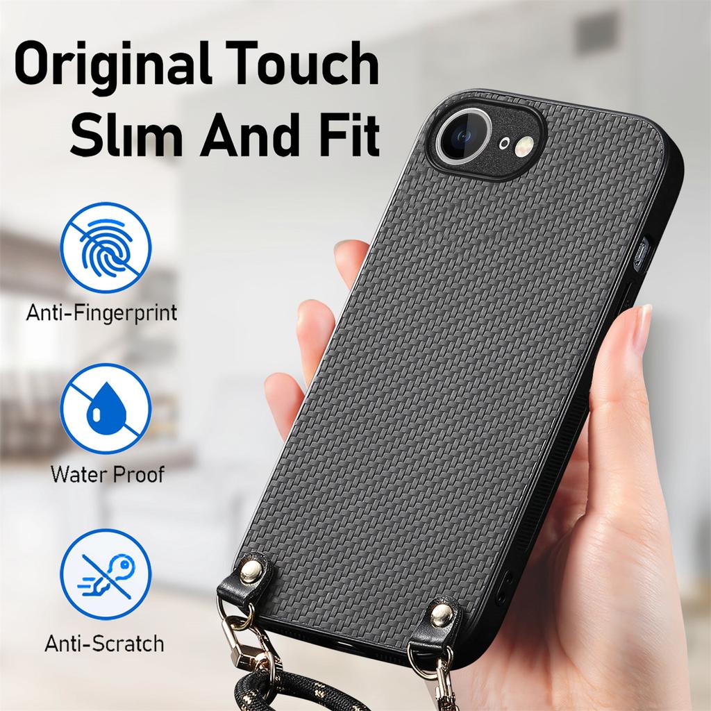 For iPhone 16e Case Carbon Fiber Texture PU+PC+TPU Anti Drop Phone Cover with Crossbody Lanyard