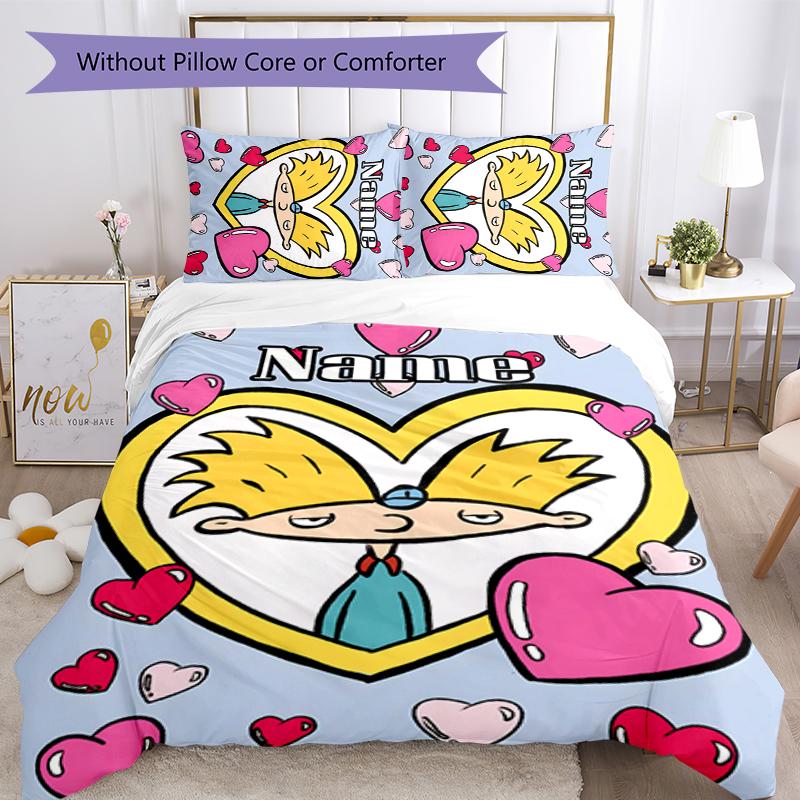 3pcs Custom Name Cartoon Hey Arnold Bedding Set Duvet Cover Closure Includes 1 Duvet Cover & 2 Pillowcases for All Seasons Bedroom Decor