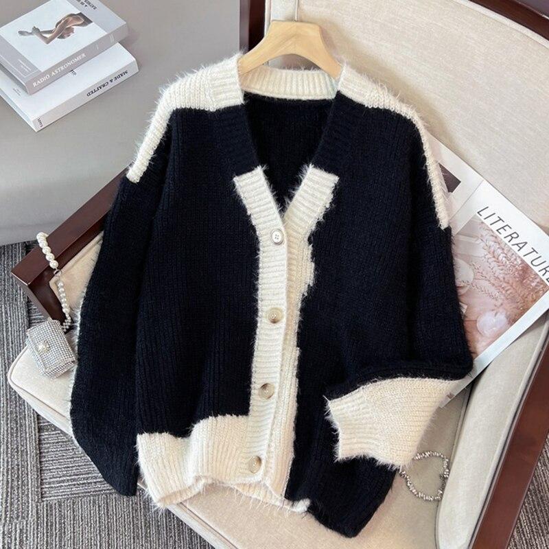 Осень-зима, вязаный кардиган с v-образным вырезом, женский 2023, повседневный кашемировый свитер с имитацией норки, женские свободные винтажные кардиганы 28135