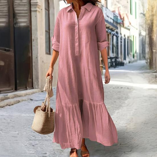 Женское хлопковое льняное платье-рубашка с длинным рукавом и V-образным вырезом на пуговицах, повседневное струящееся длинное платье больших размеров