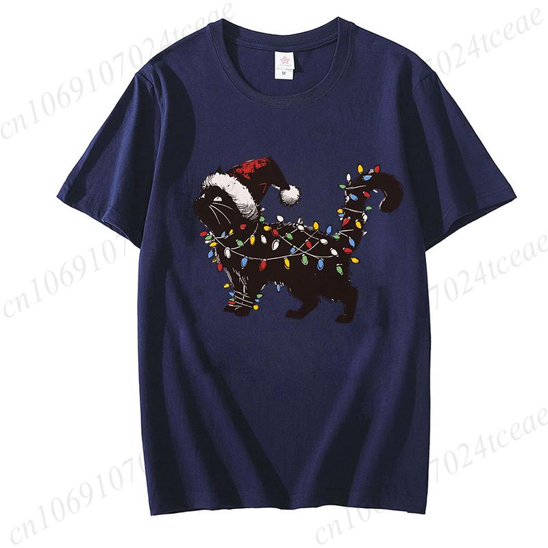 Woman Cute Cat Christmas Graphic Print T-shirt Holiday Tee Shirts Casual O Neck Fashion Short-sleeve Soft Cat Mom Creative Tops