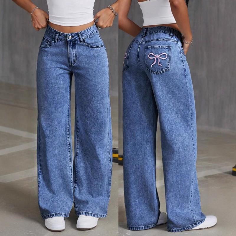 Womens High-Waisted Straight Leg Denim Jeans With Bow Embroidery Loose Fit Streetwear Style 2025