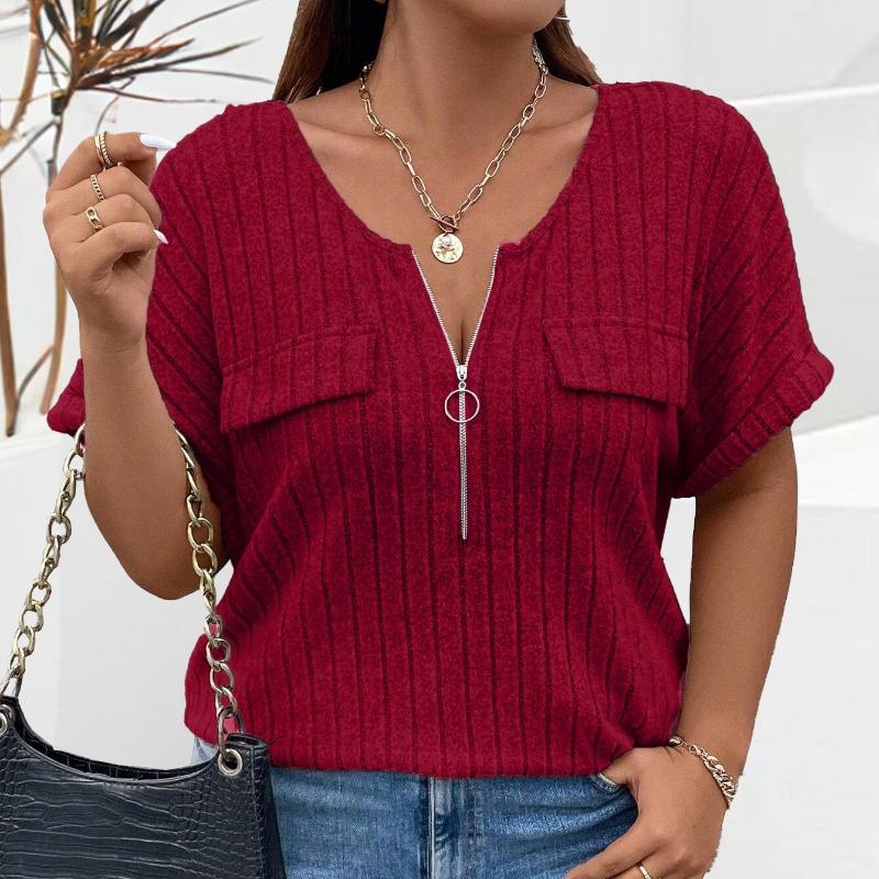 BITCED Весенне-летние однотонные женские топы больших размеров с коротким рукавом на молнии с ложными карманами, свободная футболка