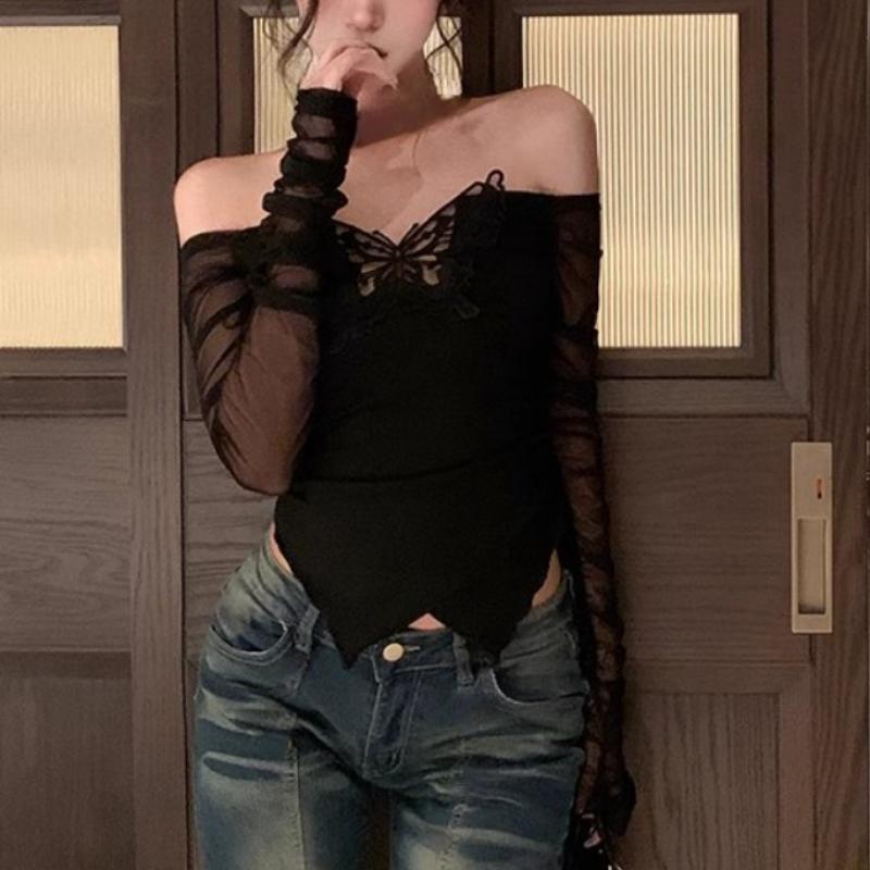 Deeptown корейский стиль футболки с открытыми плечами женские эстетические укороченные сетчатые топы с бабочками сексуальные кокетки Y2k Kpop футболки с длинными рукавами