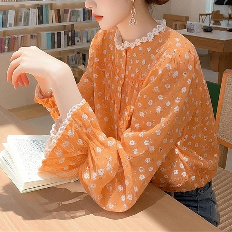 Orange floral shirt spring 1116 new women's French dopamine top good-looking lace edge shirt