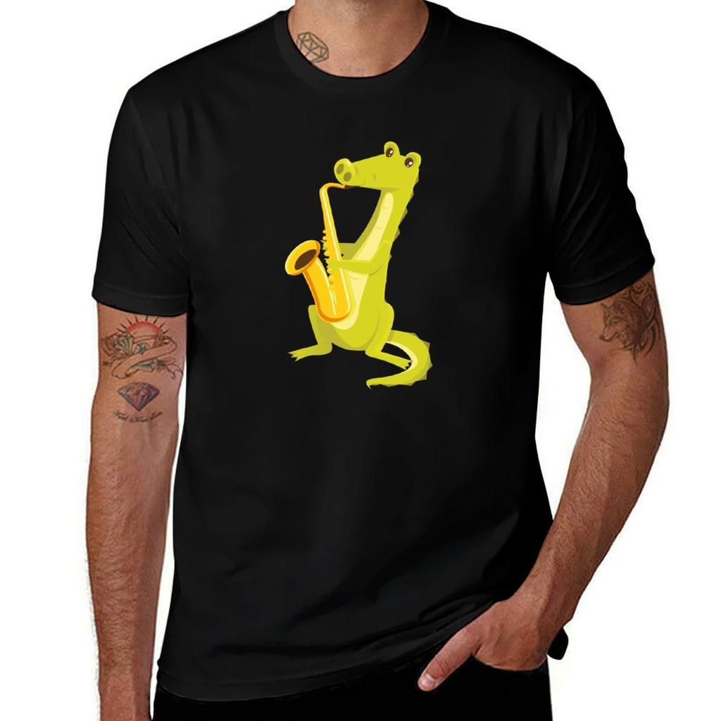 Cartoon Crocodile Playing Music With Saxophone Tshirt Perforunisexce Dry Fit Tshirt