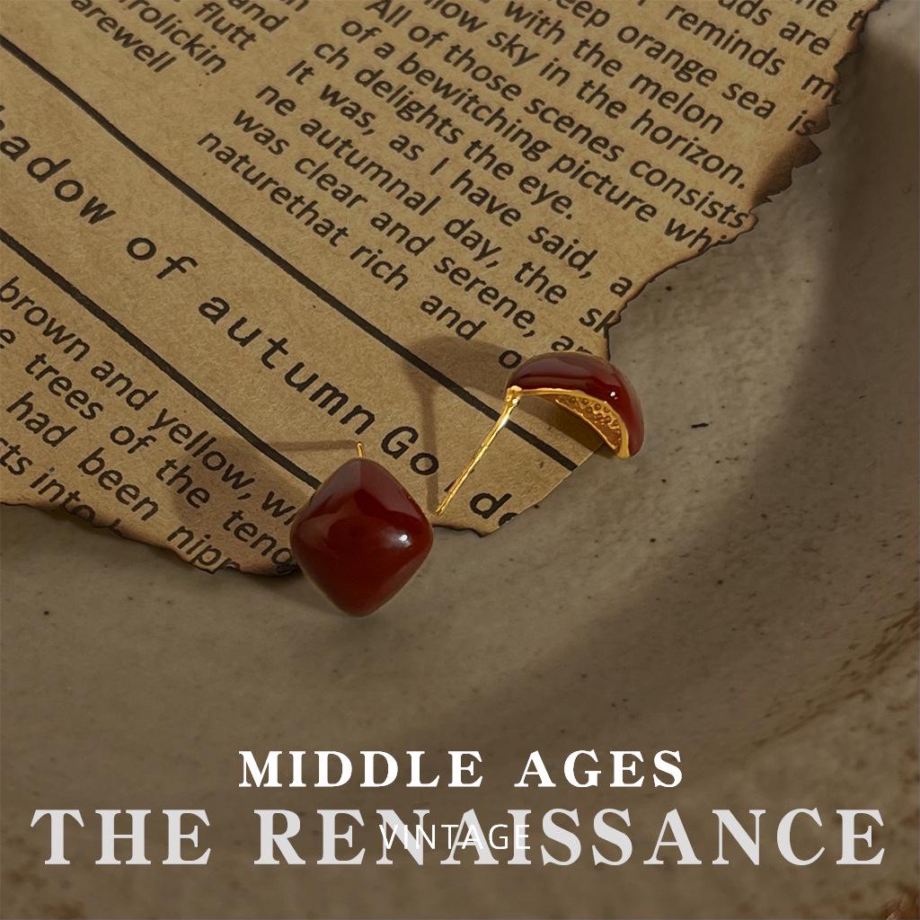 Vintage Burgundy Red Enamel Drop Earrings - Retro French Style Studs