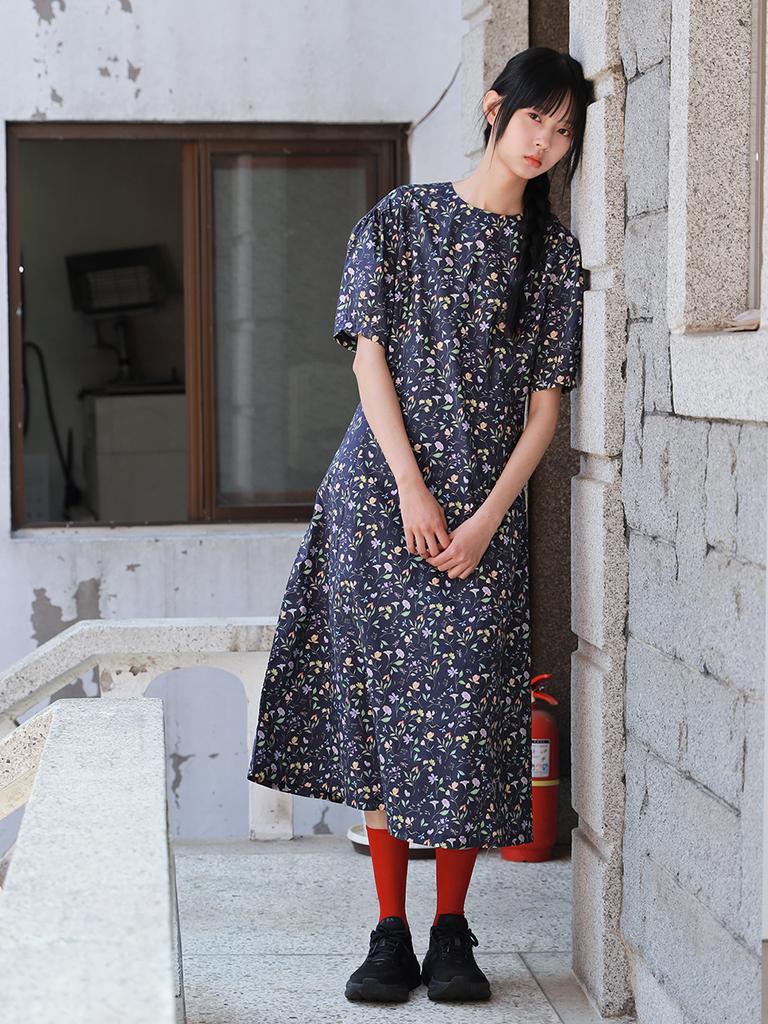 Vincent Navy Floral Short Sleeve Dress_Navy