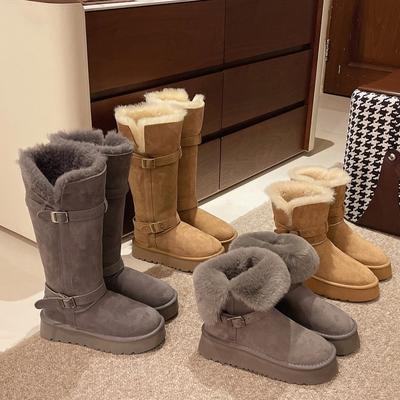 Версия из коровьей кожи, толстоподошвенные серые сноубутсы, женские 2025 зима, новые, с высоким голенищем, бархатные, утепленные, высокие ботинки, хлопковая обувь