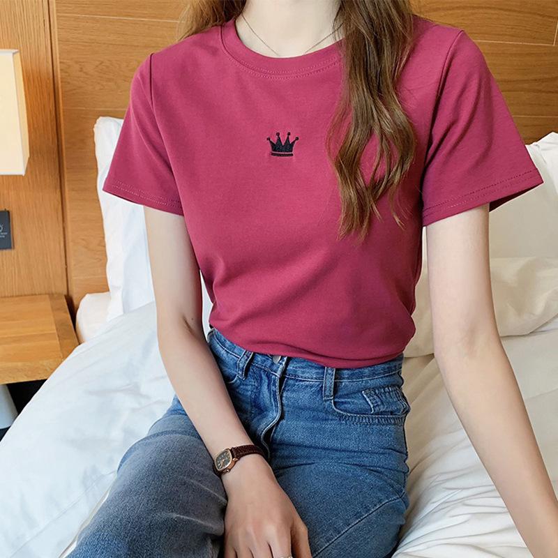 New Summer Slim-fit Embroidered Round Neck Short-sleeved T-shirt for Women's Students' Base Top