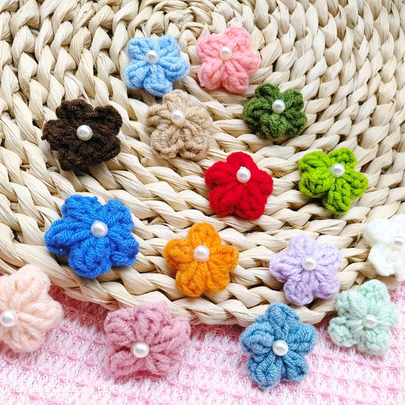 10PCS Puff Flower Head Knitted Hand Woven DIY Pearl Sweater Coat Decor Hairpin Headdress Accessories