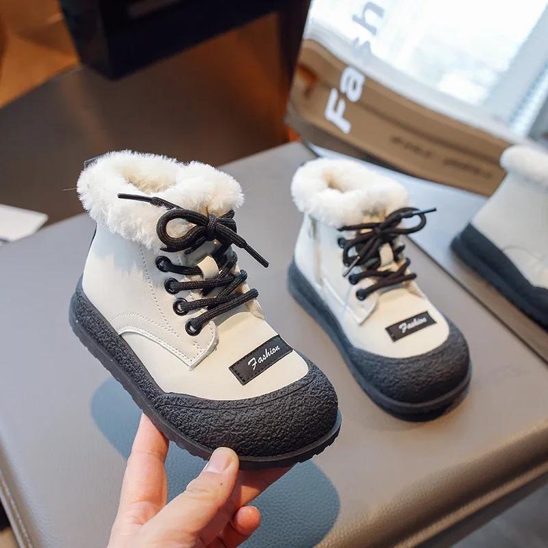 Детские зимние ботинки, новые бархатные утолщенные хлопковые ботинки для мальчиков и девочек, высокие нескользящие детские милые водонепроницаемые хлопковые ботинки