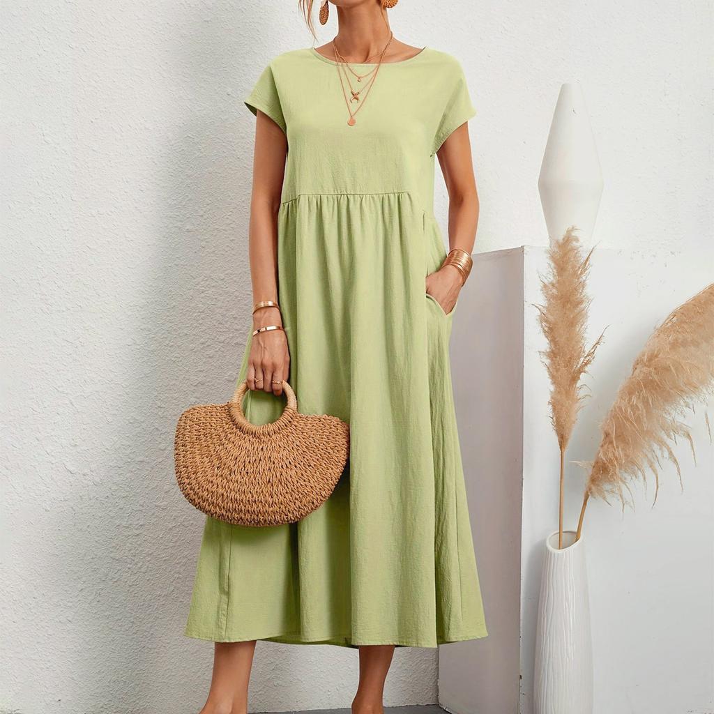 O-Neck Dress For Women Casual Comfy Cotton Linen Short Sleeve Tunic Beach Dresses With Pockets