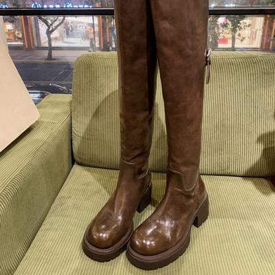 Новая лошадиная кожа круглый носок тонкие универсальные толстая подошва толстый каблук ботфорты до колена женские осень и зима