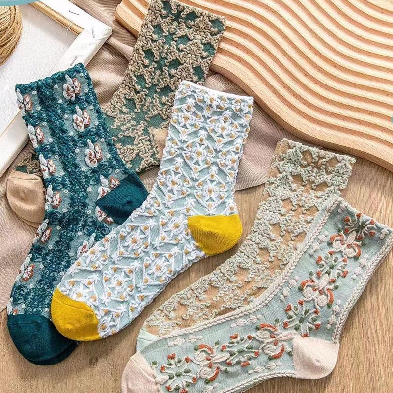 Носки в стиле Лолиты Y2k Kawaii, милые носки с цветочным рисунком, хлопковые богемные зимние женские забавные носки для девочек, Harajuku