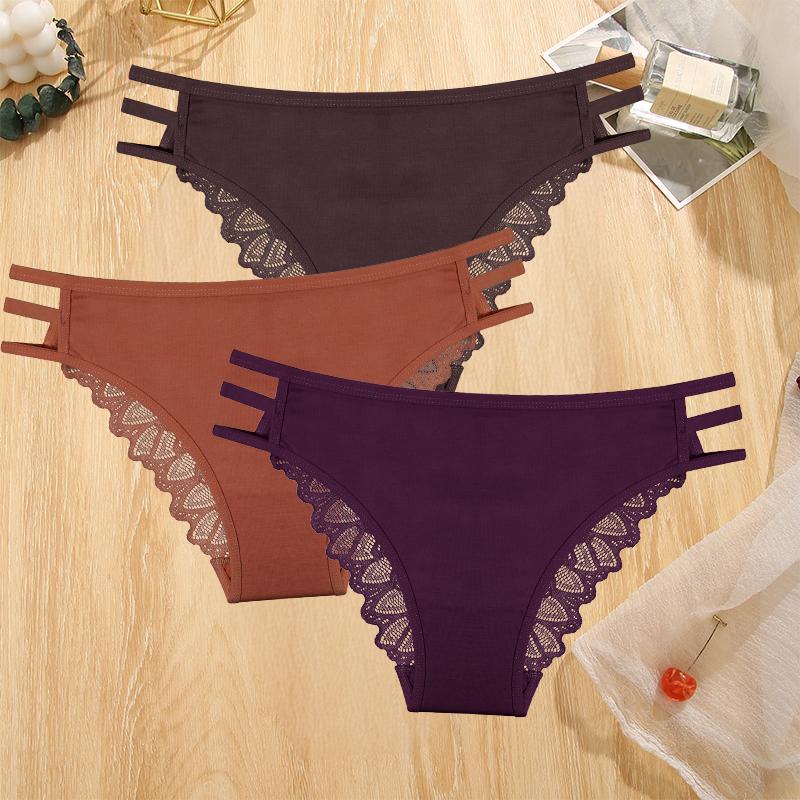 3Pcs Sexy Lady Style Transparent Lace Underwear Women's Straps Panties Seamless Perspective Briefs Low Waisted Triangle Pants