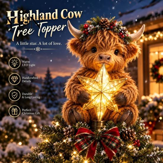Handmade Style Tree Accents Highland Cow Glowing Star Topper, Lighted Christmas Decoration with Charming Gift for Warm LED, Battery Operated