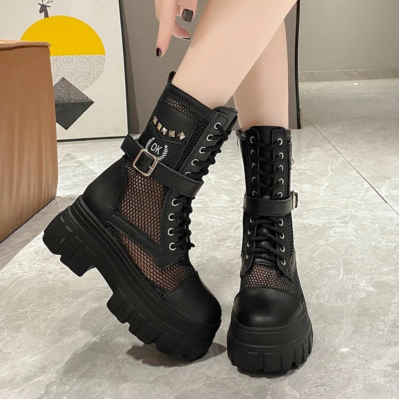 Модные женские осенне-летние ботинки 2024 года, модные дышащие сетчатые кроссовки, высокие ботильоны на платформе для женщин, уличные ботинки на шнуровке, массивная обувь