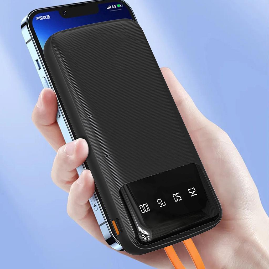 K6Pro 10000mAh Powerbank with Built-in USB-C MicroUSB iPhone Lightning Cables - Black