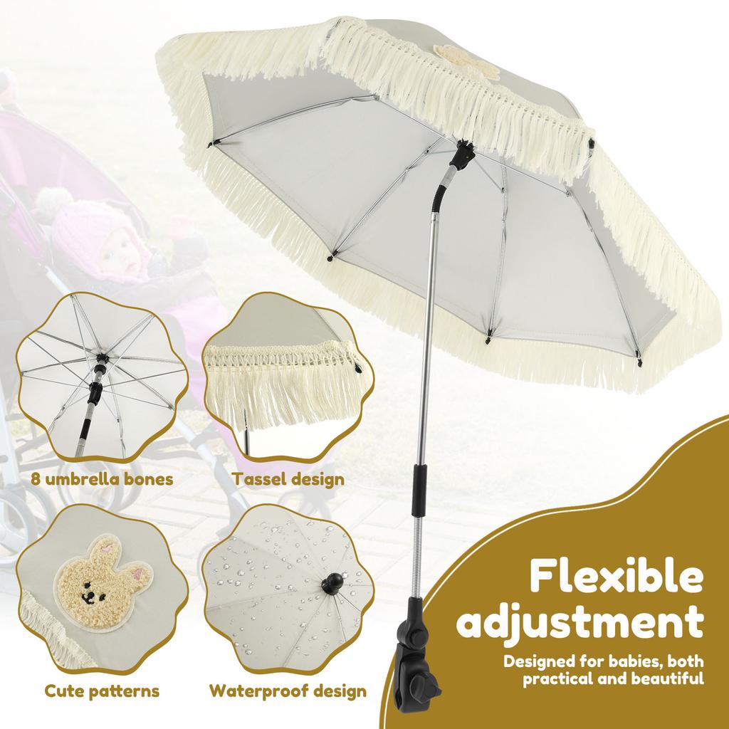 Baby Stroller Outdoor Parasol UPF40 Adjustable Baby Stroller Umbrella with Tassel Cute Clip On Sunshade Parasol for Pushchair
