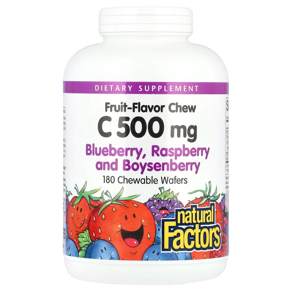 Natural Factors Fruit Flavor Chewable Vitamin C 500mg Wafers, Blueberry, Raspberry, Boysenberry - 180 Count