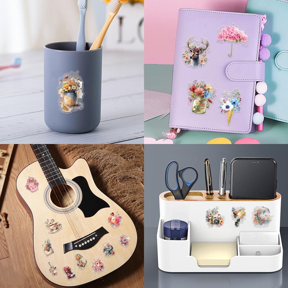 55Pcs/Set Antique Flower Aesthetics PET Clear Stickers Waterproof DIY Fashion Decals Stickers