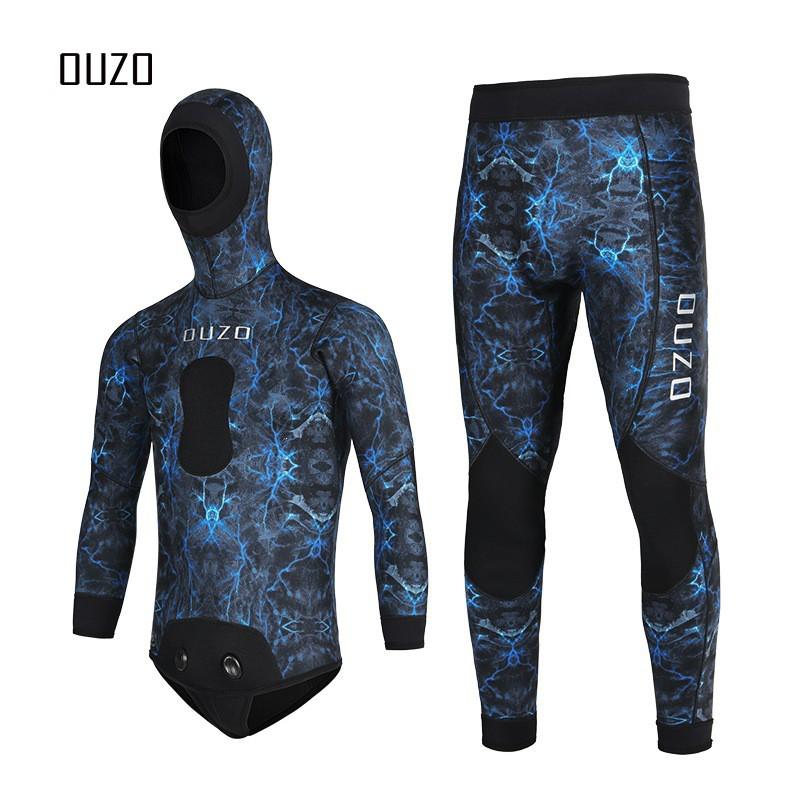 5mm Thickened Camouflage Wetsuit Diving Surfing Spearfishing Winter Swimming Mens Hooded Two-Piece Neoprene Suit