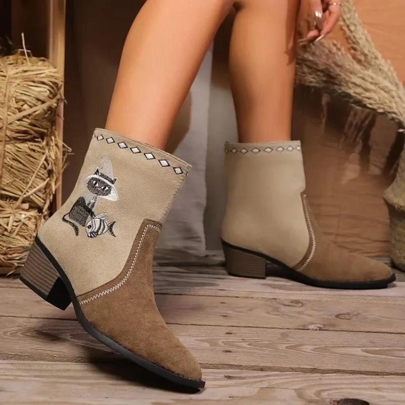 Fashion 2024 New Ladies Shoes Sleeve Women's Boots Autumn Pointed Toe Mixed Colors Middle Tube Chunky Heels Large Size Fashion Boots