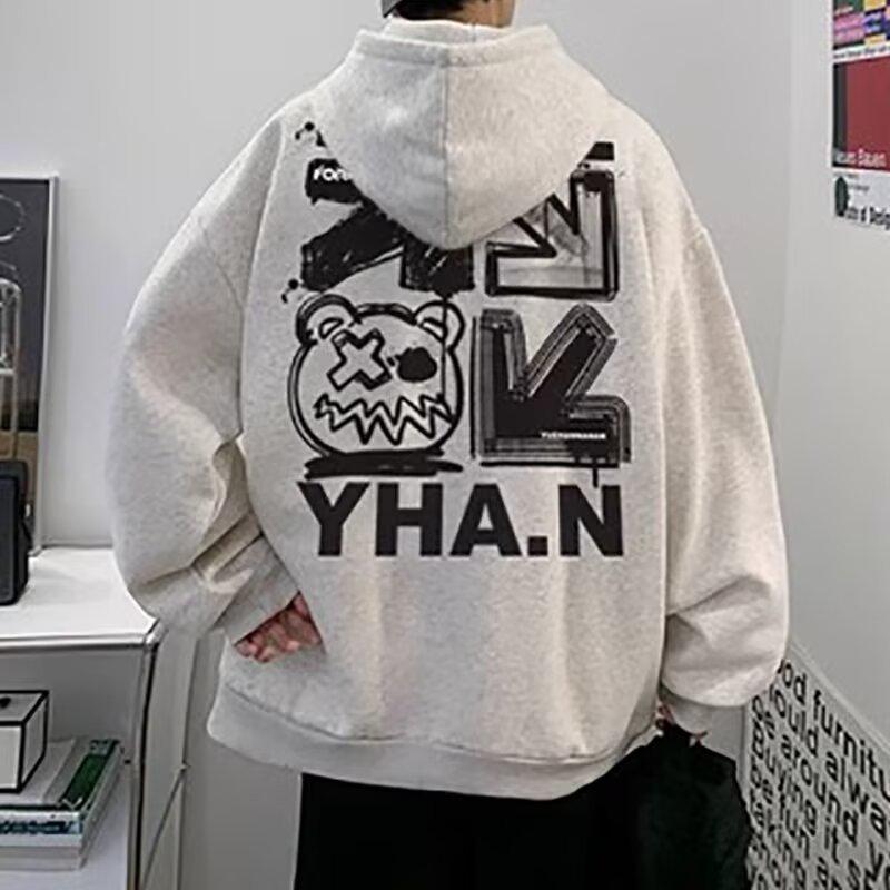 Мужская свободная толстовка с капюшоном в гонконгском стиле 2024 года - Модный принт с буквами, универсальная куртка на весну/осень