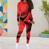 Women Plus Size Round Neck Long Sleeve Red Black Printed Fitted Pants Two Piece Set
