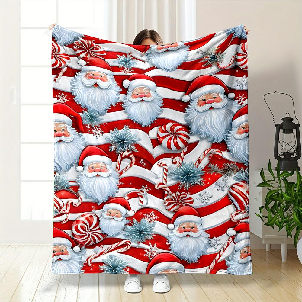 Santa Claus and Candy Cane Christmas Theme Patterned flannel blanket perfect for the bedroom living room, sofa, or a little nap