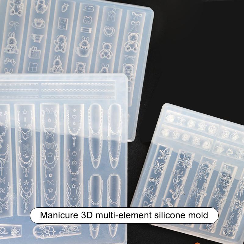 Силиконовая форма для ногтей Мультяшный бант Цветок Бусины Линейная резьба Форма 3D Штамповочная пластина Трафареты для ногтей Инструменты для DIY маникюра Нейл-арт