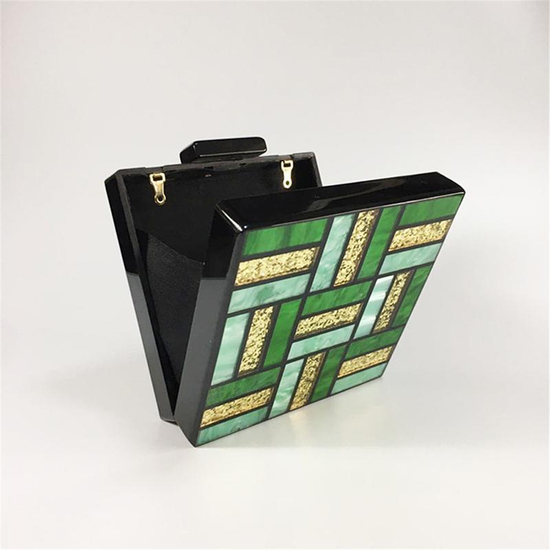 Women Bags Famous Brand Green Gold Plaid Acrylic Clutch Handbag Luxury Shoulder Small Wallet Wedding Party Messenger Evening Bag