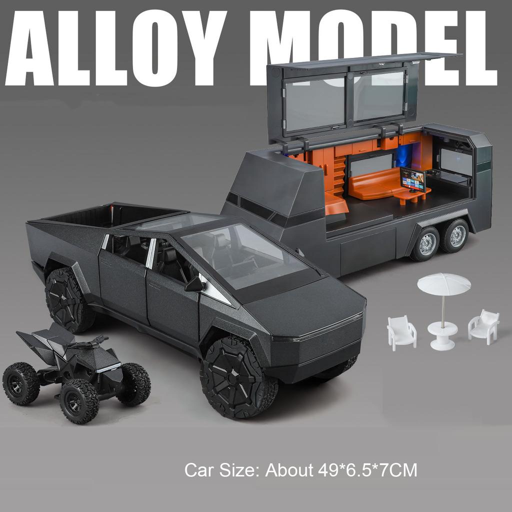 1:24 Pickup Trailer RV Model Car Toy Pull Back Doors Opened Shock Absorption Off-road Vehicle Models Sound Light Ornaments