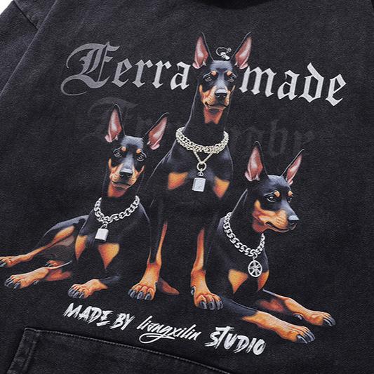 Tkpk Autumn And Winter 430G Heavy Cotton Hooded Sweater American Retro Doberman Printed Washed Hoodie For Men And Women